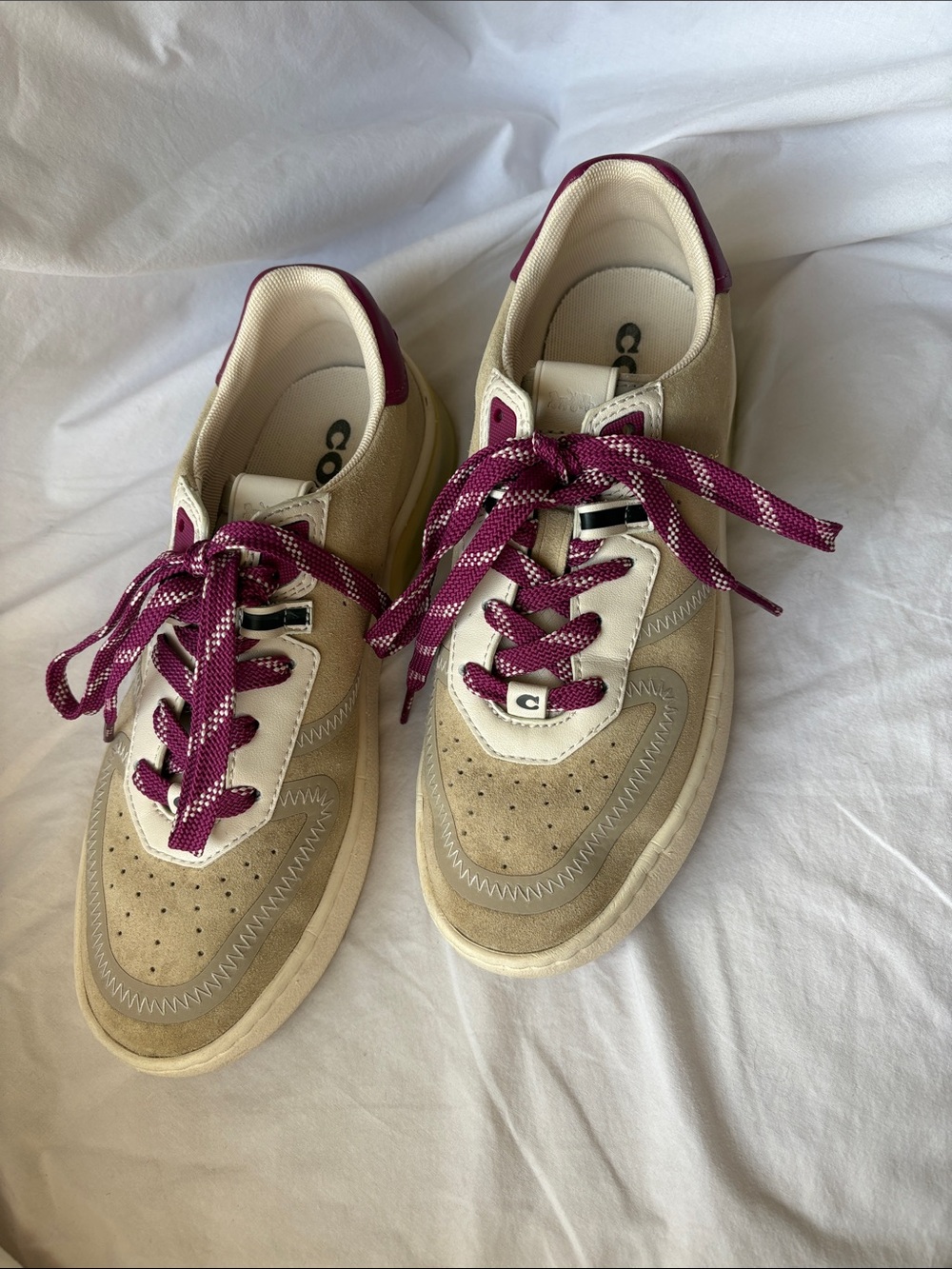 Coach Cream Sneakers with Burgundy Laces